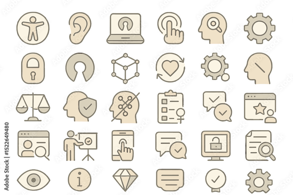 Poster collection of diverse icons representing accessibility, technology, and communication in a minimalis