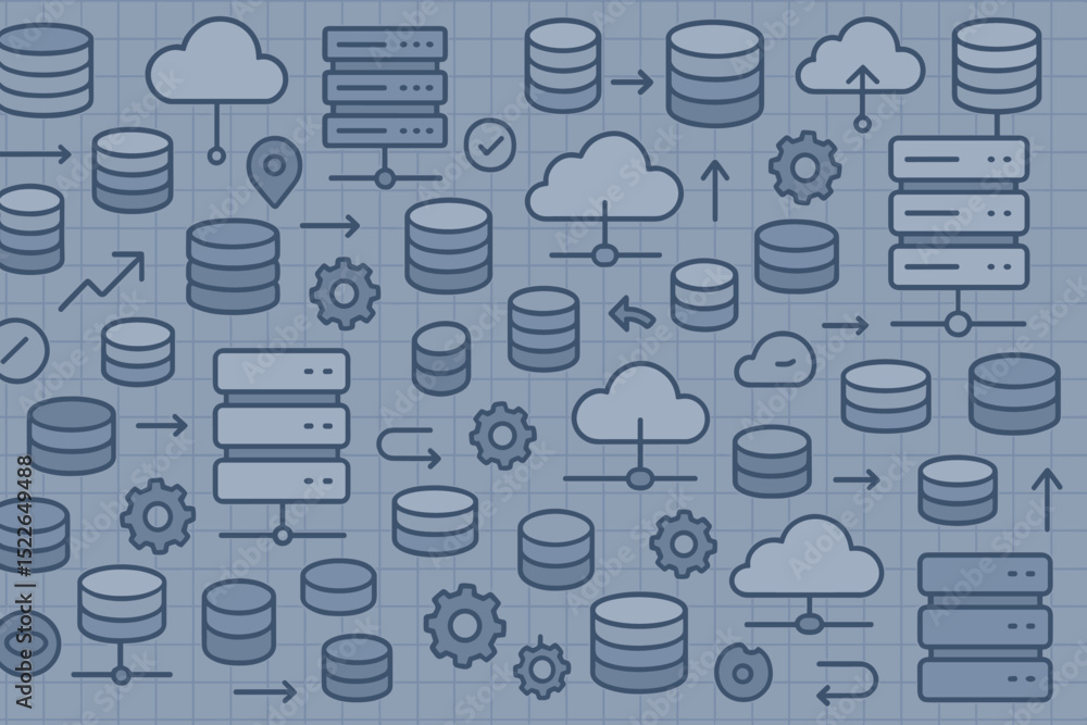 Poster patterns of data management with cloud and server icons on a grid background