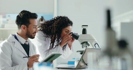 Microscope, tablet and research with people in laboratory for science, medical trial or microbiology. Virus study, pathogen report and immune cell experiment with scientist for online review and tech - Powered by Adobe