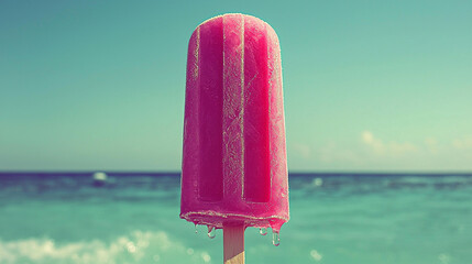 A Refreshing Raspberry Popsicle on a Stick with Ocean and Sky Background
