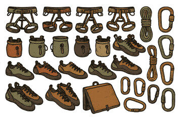 Climbing gear collection featuring harnesses, shoes, ropes, and carabiners in earthy tones