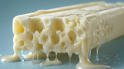 A close-up shot of a melting white ice cream bar with drips and pores visible