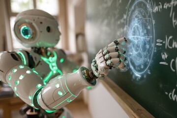 Robot Teaching Concept: Futuristic Humanoid Android Interacting with Digital Projection on Chalkboard in Classroom Environment for Education Future