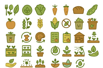 Collection of simple green icons representing healthy eating, gardening, and sustainable agriculture practices for awareness and education