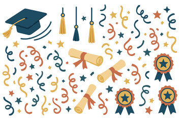 Celebration of academic achievements with graduation caps, diplomas, and festive decorations during a graduation event
