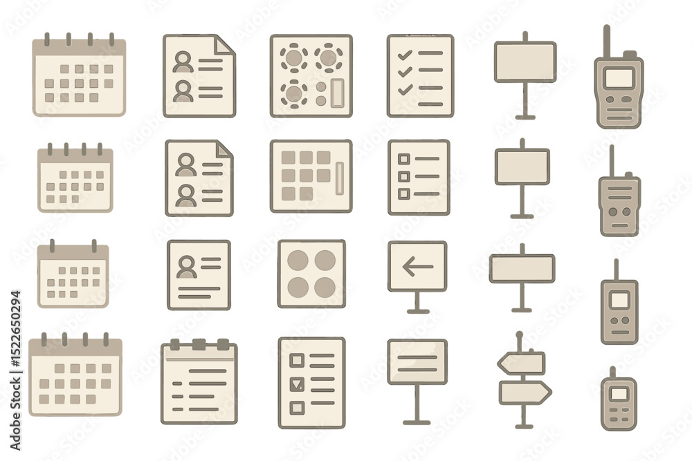 Poster icons representing scheduling, communication, and organization tools in a simple design for various 