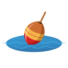 Vector illustration of a classic wooden bobber floating on rippling water, isolated on white background.