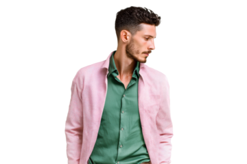 Young caucasian male in pink jacket and green shirt posing against black background, cut out