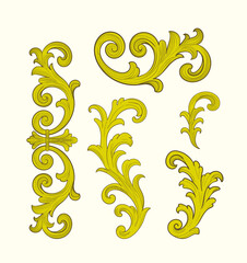 Medieval flourish Victorian ornaments. swirl graphic elements. Gold patterns on white. Vintage vector elements for frame or decorate. Hand drawn set.
