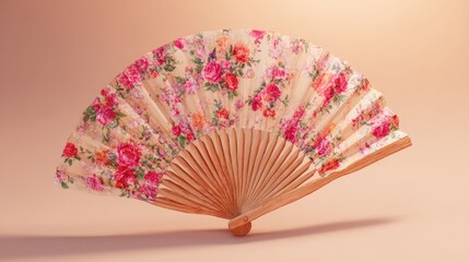 Elegant decorative fan adorned with vibrant floral design on soft pastel background
