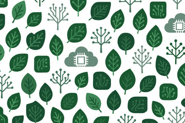 Fototapeta premium Seamless pattern of green circuit-style leaves and tech trees