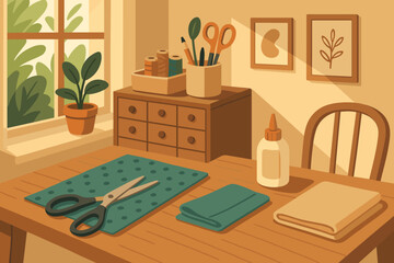 Cozy craft room scene with scissors, glue, and sewing supplies on desk