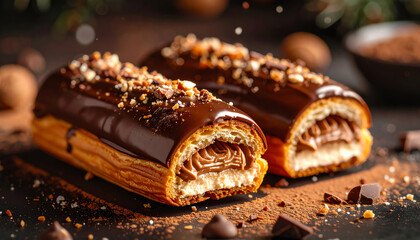 Delicious chocolate eclairs with creamy filling, topped with nuts, perfect for dessert lovers and gourmet treats.