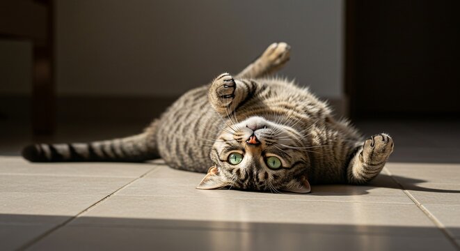 Playful Tabby Cat on its Back, Enjoying Sunlight on Tile Floor