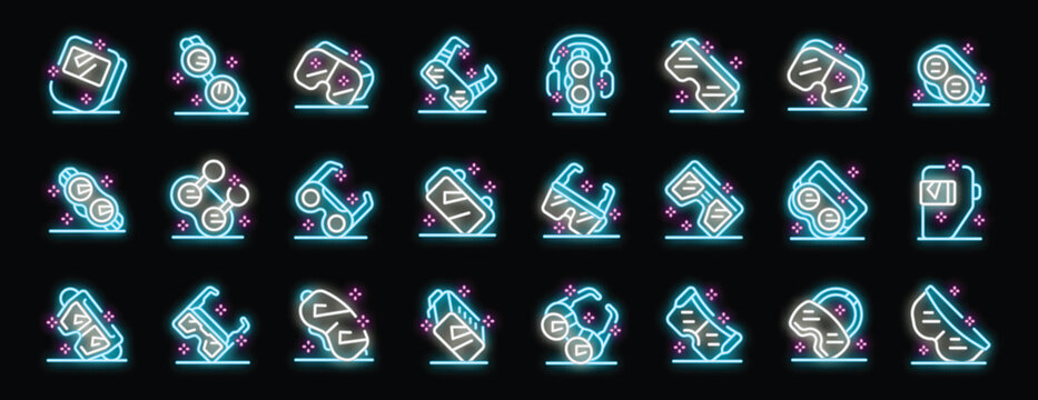 Glowing neon icons representing various types of augmented, virtual, and mixed reality glasses and devices, showcasing cutting edge technology for immersive experiences