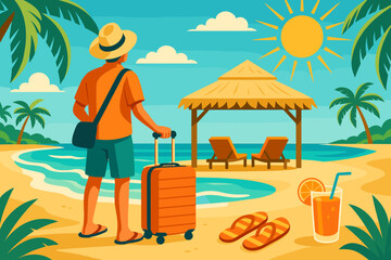 Obraz premium Vacation at the beach with a suitcase and tropical drinks on a sunny day