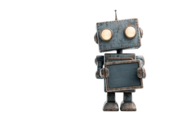 Vintage rusty robot holding a blank sign on black background, cut out