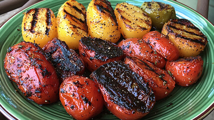 Grilled vegetables, Tomatoes and potatoes, appetizing dish served on a green plate