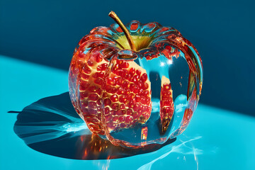 Red glass apple reflecting light against a blue background, showcasing artistic design and craftsmanship with vibrant colors and clear textures