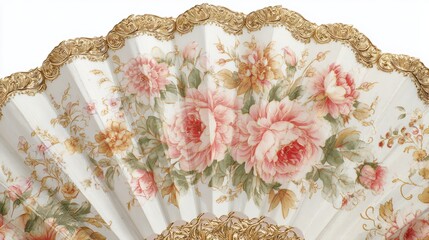 Elegant Vintage Hand Fan with Floral Design and Decorative Gold Accents