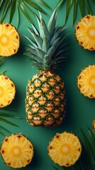 Colorful tropical pineapple arrangement with vibrant slices on green background