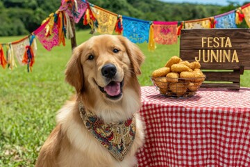 Golden retriever at Festa Junina celebration with traditional food, colorful flags and checkered tablecloth.