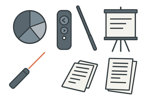 Flat vector icons of presentation tools on dark gradient background