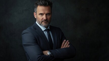A serious middle-aged man with salt-and-pepper hair, wearing a dark suit and tie, stands with arms crossed against a textured dark background, his gaze directly at the viewer