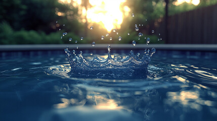 Water splash in the pool forming a crown shape with sun in the background