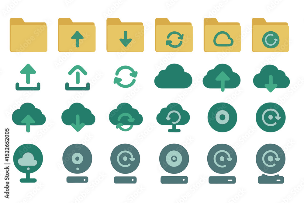 Poster collection of various cloud storage icons illustrating file upload, download, and synchronization pr