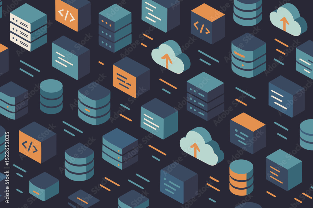 Poster colorful digital pattern showcasing various data storage and cloud computing elements in a modern de