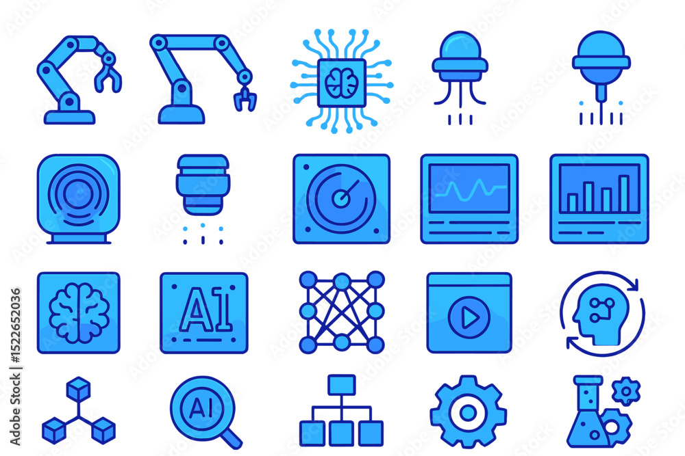 Poster exploration of modern technology concepts and artificial intelligence icons in a vivid blue color pa