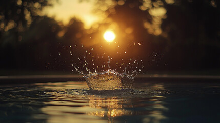 Water crown splash with sun rays reflection in the water at sunset landscape
