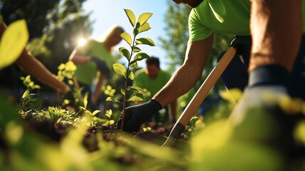 Volunteers planting trees in a community garden during a sunny afternoon in spring, promoting environmental sustainability and community engagement