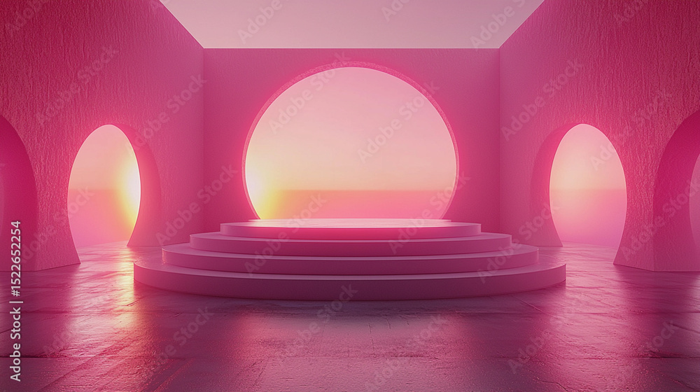 Poster pink architectural stage with arches and circular window and steps with soft sunset view