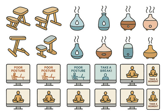 Wellness design concept featuring ergonomic chairs, essential oil diffusers, and reminders for posture correction and breaks