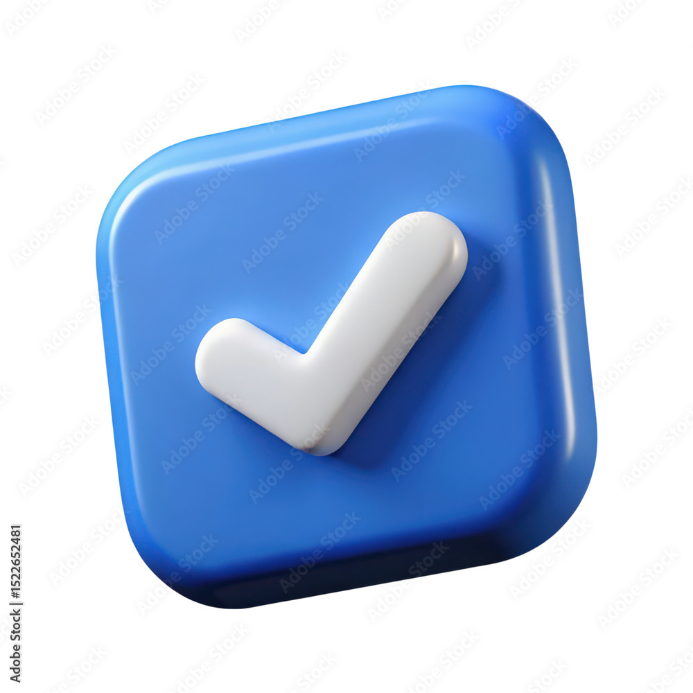 Poster a 3d rendering of a blue square with a white checkmark to represent approval or success on a black b