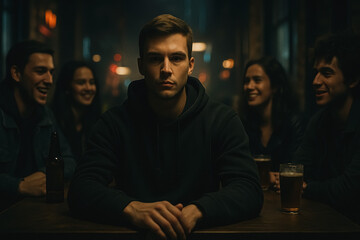 Young man sits confidently at bar table while friends laugh behind him, moody lighting, generative AI