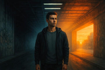 Man walking from darkness to glowing sunset underpass, symbolizing inner transition, generative AI