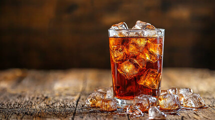 Refreshing glass of iced cola with ice cubes on a rustic wooden table close-up