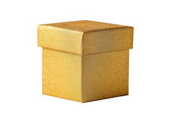 Sparkling gold gift box with glitter finish on black background, cut out