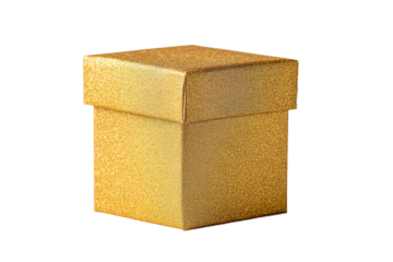 Sparkling gold gift box with glitter finish on black background, cut out