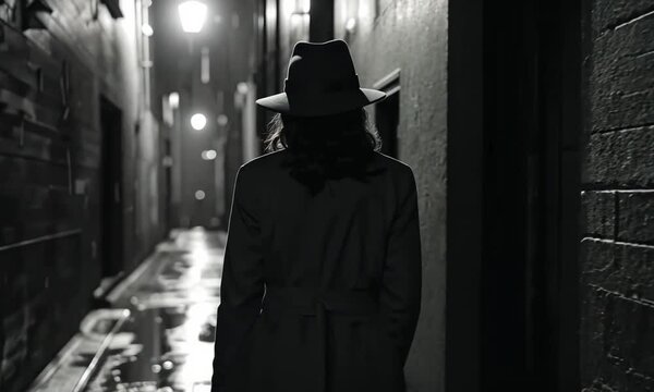 Female Detective Investigating Dark Alley in Trench Coat and Fedora, Noir Style

