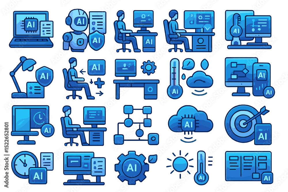 Poster various icons representing artificial intelligence and technology in a modern workspace setting