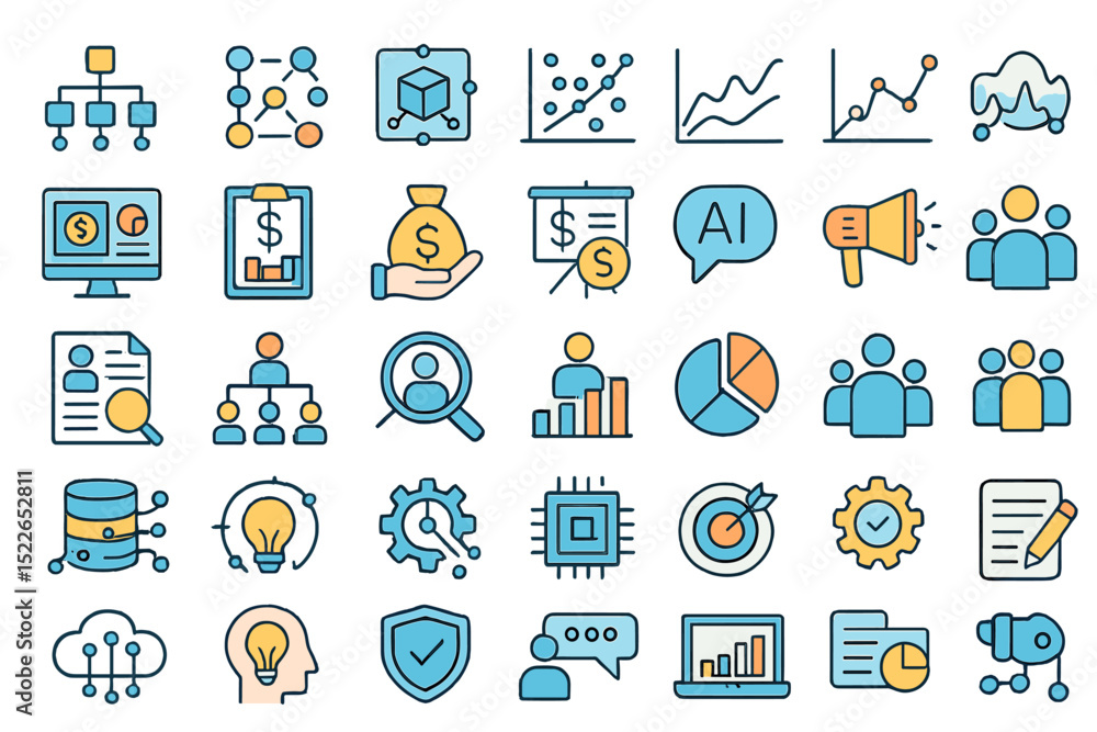 Poster various icons representing business concepts and data analysis in a colorful, modern design
