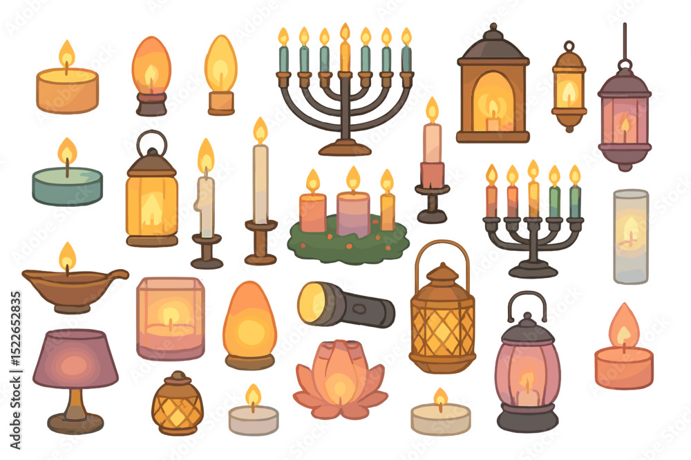 Poster various decorative candles and lanterns displayed in different shapes and sizes in a cozy setting du