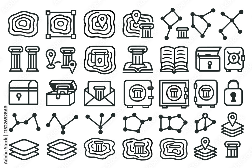 Poster collection of icons representing security, location, and data organization in a minimalist style wit