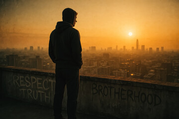 Man in hoodie watching sunrise over city from rooftop with graffiti words, generative AI