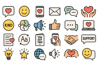 Creative collection of icons representing kindness and support in digital communication and social interactions