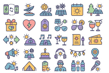 Colorful collection of icons representing leisure, technology, and environmental themes in a playful design